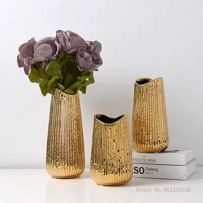 Golden Elegance Ceramic Vase Set – 3 Pieces