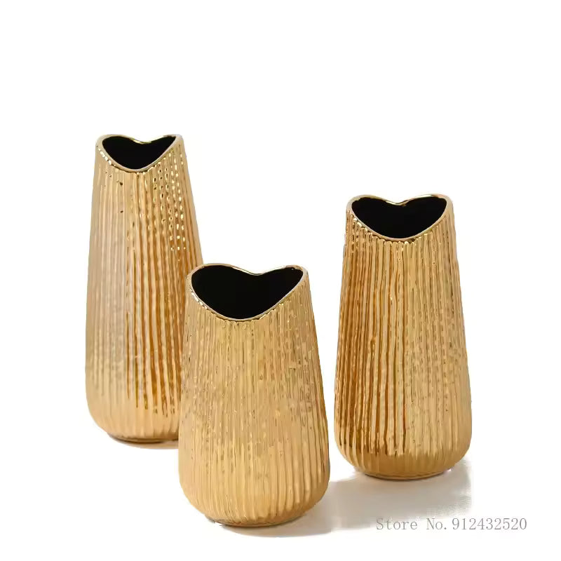 Golden Elegance Ceramic Vase Set – 3 Pieces
